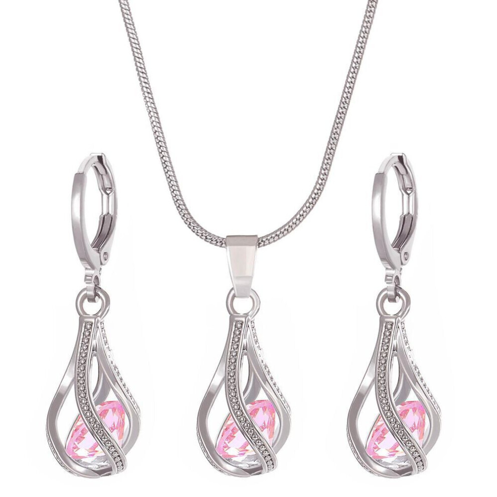(pink, 6530) Women&apos;s Retro Zircon Crystal Jewelry Set - European & American Design, Rotating Teardrop Necklace & Earrings Trend