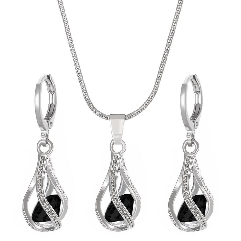 (black, null) Women&apos;s Retro Zircon Crystal Jewelry Set - European & American Design, Rotating Teardrop Necklace & Earrings Trend