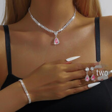 (pink, three-piece set) Luxury Bridal Jewelry Set: Women's Earrings, Necklace, And Bracelet Trio