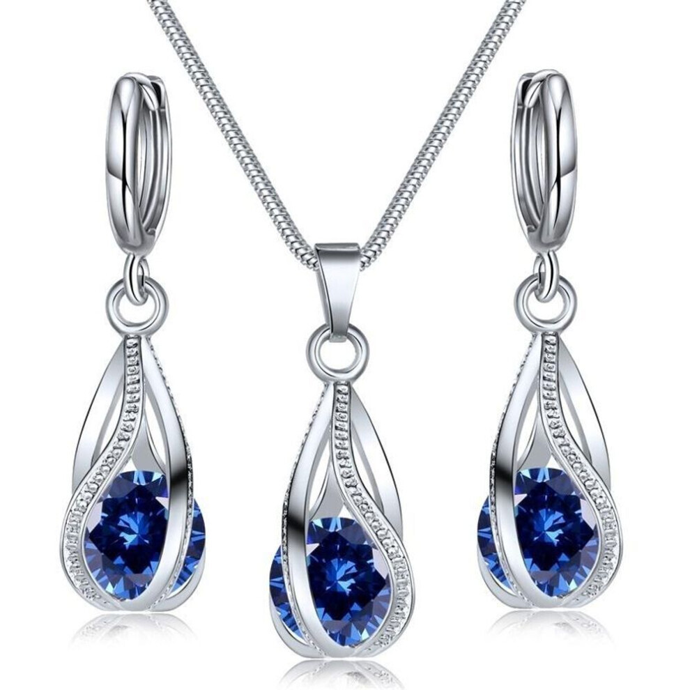 (blue) Crystal Water Drop Pendent Necklace Earrings Jewelry Set For Women Bridal Wedding Halloween Gift