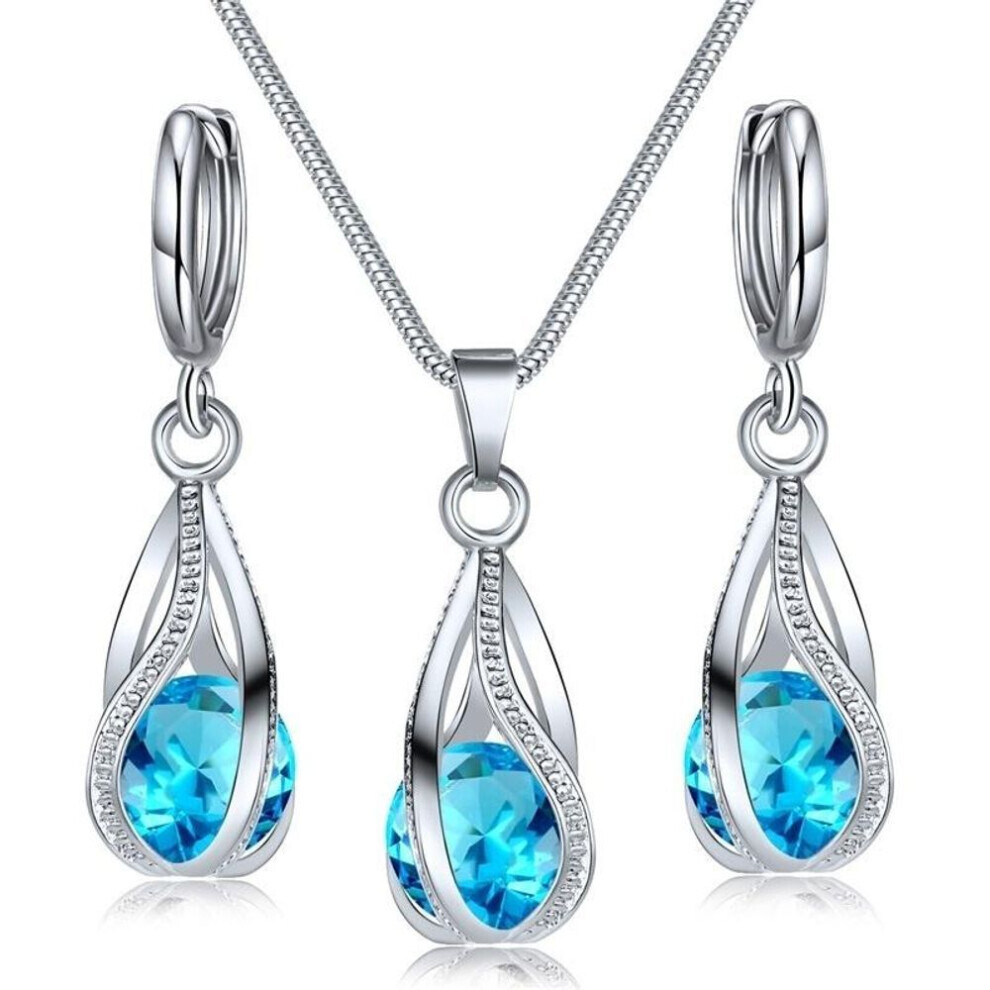 Maxpower (Light ) Crystal Water Drop Pendent Necklace Earrings Jewelry Set For Women Bridal Wedding Halloween Gift Blue