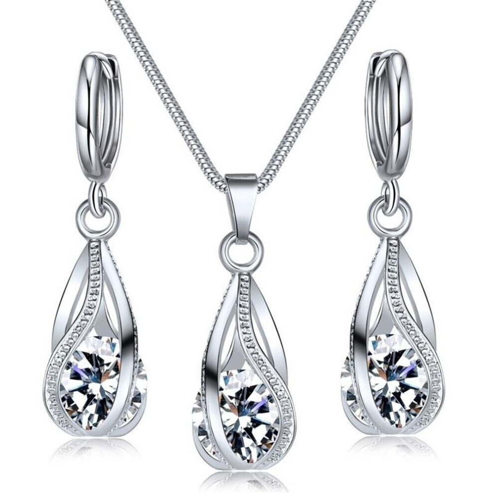 Maxpower (White) Crystal Water Drop Pendent Necklace Earrings Jewelry Set For Women Bridal Wedding Halloween Gift White