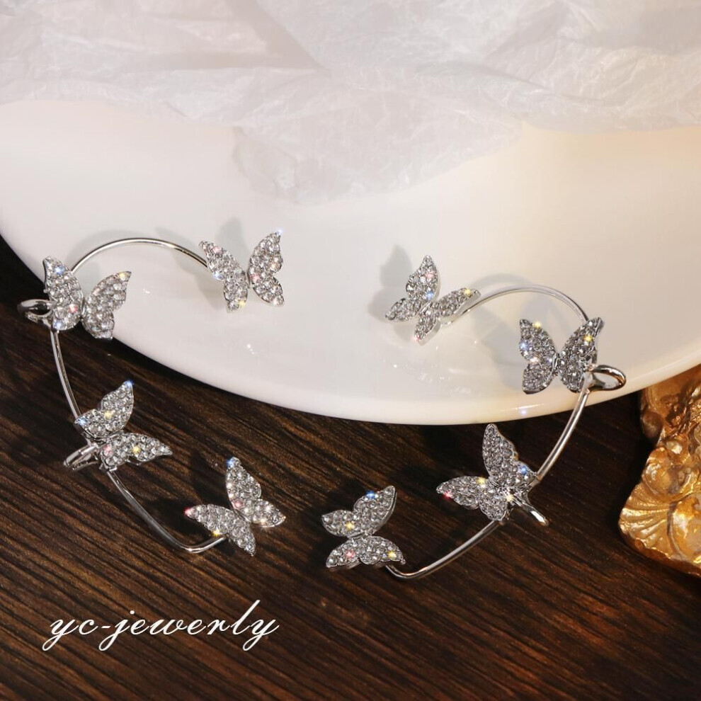 Maxpower (, Left*1Pc) 1Pcs Korean Fashion Rhinestone Butterfly Ear Clips Without Piercing For Women Girls Sparkling Zircon Ear Cuff Clip Earrings Wedding Silver