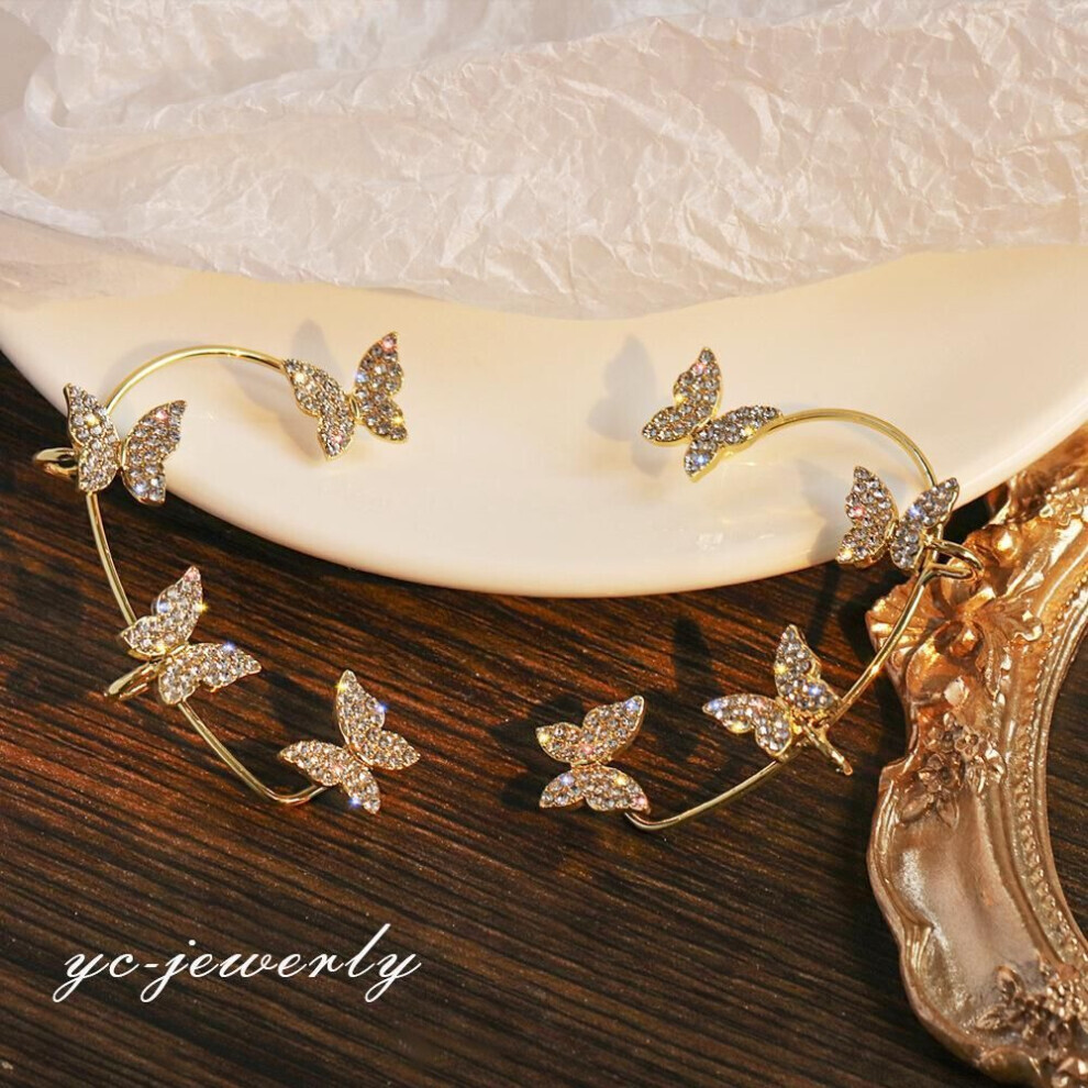 (gold, Left*1pc) 1pcs Korean Fashion Rhinestone Butterfly Ear Clips Without Piercing For Women Girls Sparkling Zircon Ear Cuff Clip Earrings Wedding Jewelry Gifts