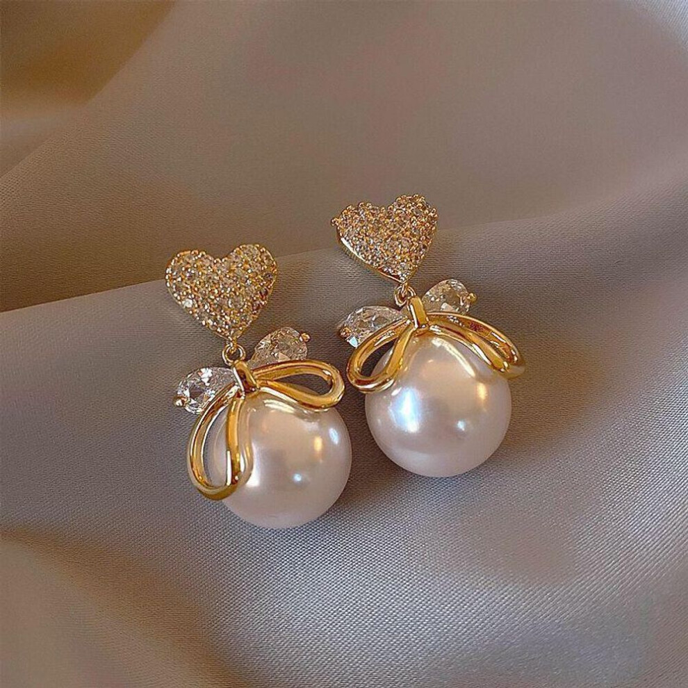 (gold, Diamond Heart Bow Pearl Earrings) French Pearl Tassel Earrings For Women - 2024 New High-end Light Luxury Style