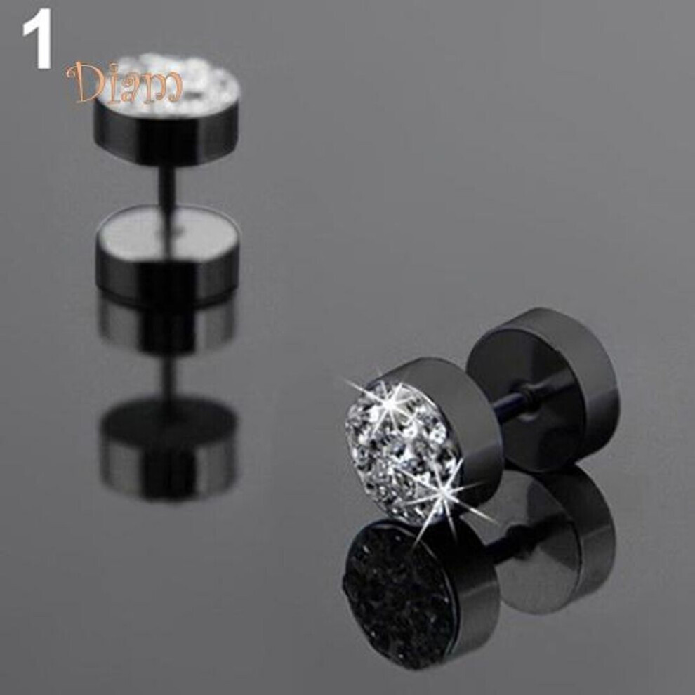 (black) Sp 2 Pcs Men Barbell Punk Stainless Steel Crystal Stone Ear Stud Earrings Jewelry Trinket
