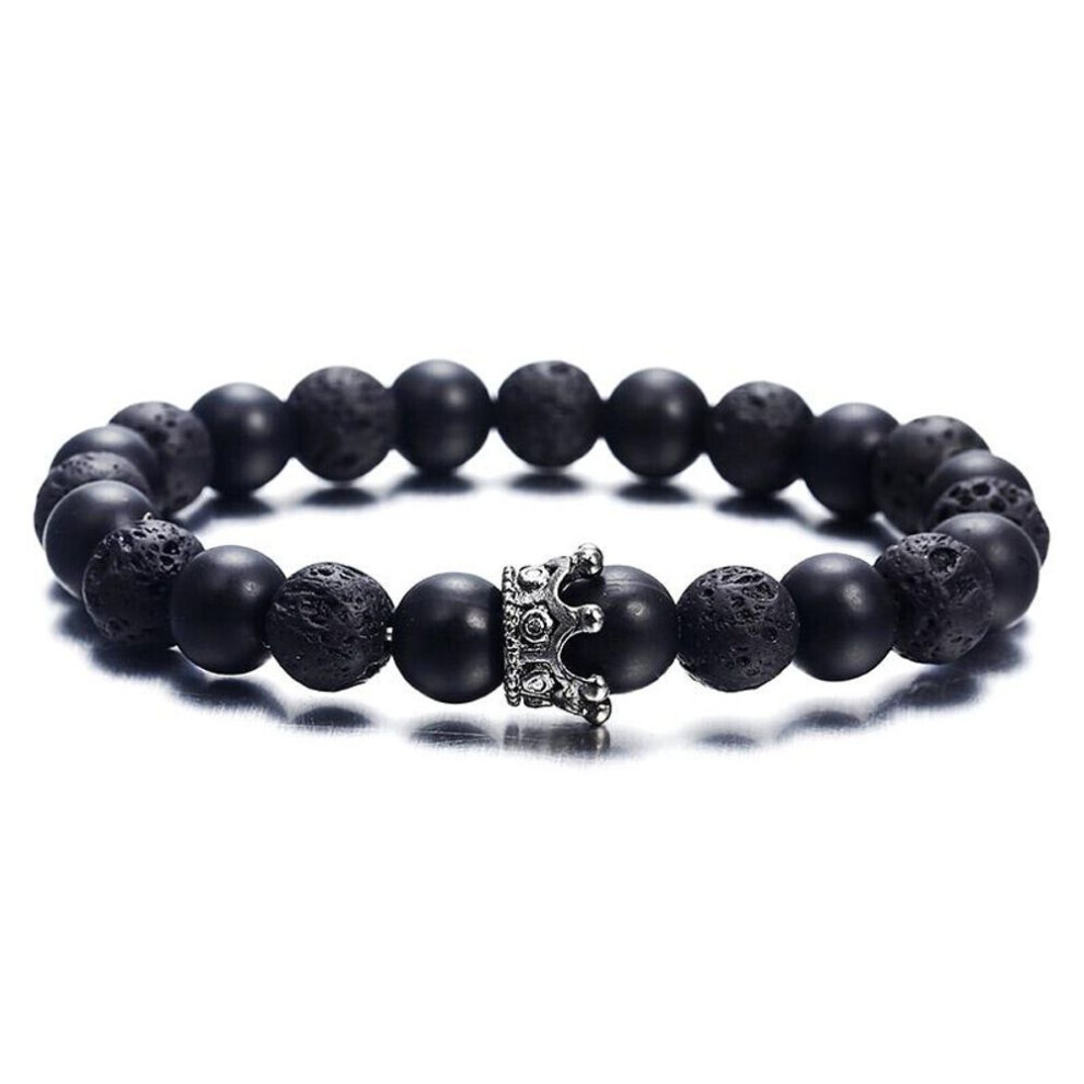 (black) Fashion Natural Lava Stone Couple Bracelet Black White Beads Crown Bracelet For Man Women Jewelry