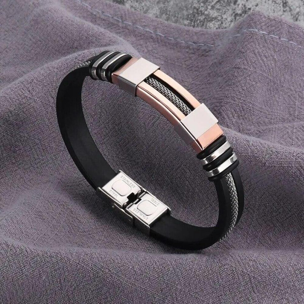 Maxpower (Rose Gold) Fashion Stainless Steel Bracelets Wrist Band Black Silicone Punk Wristband Casual Bangles Black,Gold