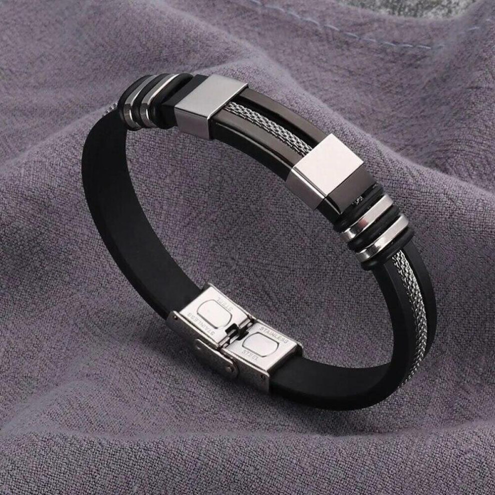 Maxpower (Black) Fashion Stainless Steel Bracelets Wrist Band Silicone Punk Wristband Casual Bangles Black