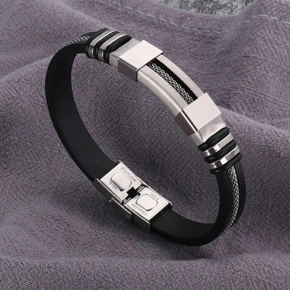 Maxpower (Silver) Fashion Stainless Steel Bracelets Wrist Band Black Silicone Punk Wristband Casual Bangles Black,Silver