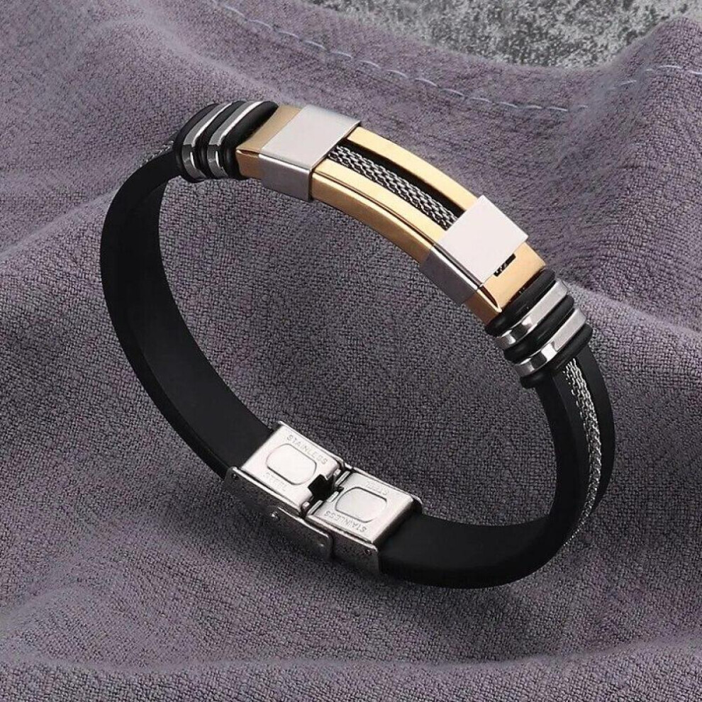 Maxpower (Gold) Fashion Stainless Steel Bracelets Wrist Band Black Silicone Punk Wristband Casual Bangles Black,Gold