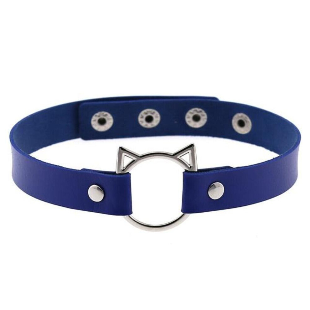 Maxpower (Blue) Gothic Pu Leather Lock Hollow Cat Spike Rivet Collar Studded Punk Choker Necklace For Women Chocker Goth Jewelry