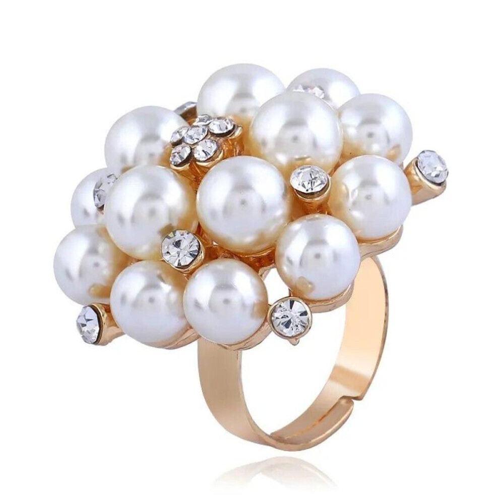 (Gold) Fashion Finger Ring Opening Adjustable Simulation Pearl Ring Jewelry Gift