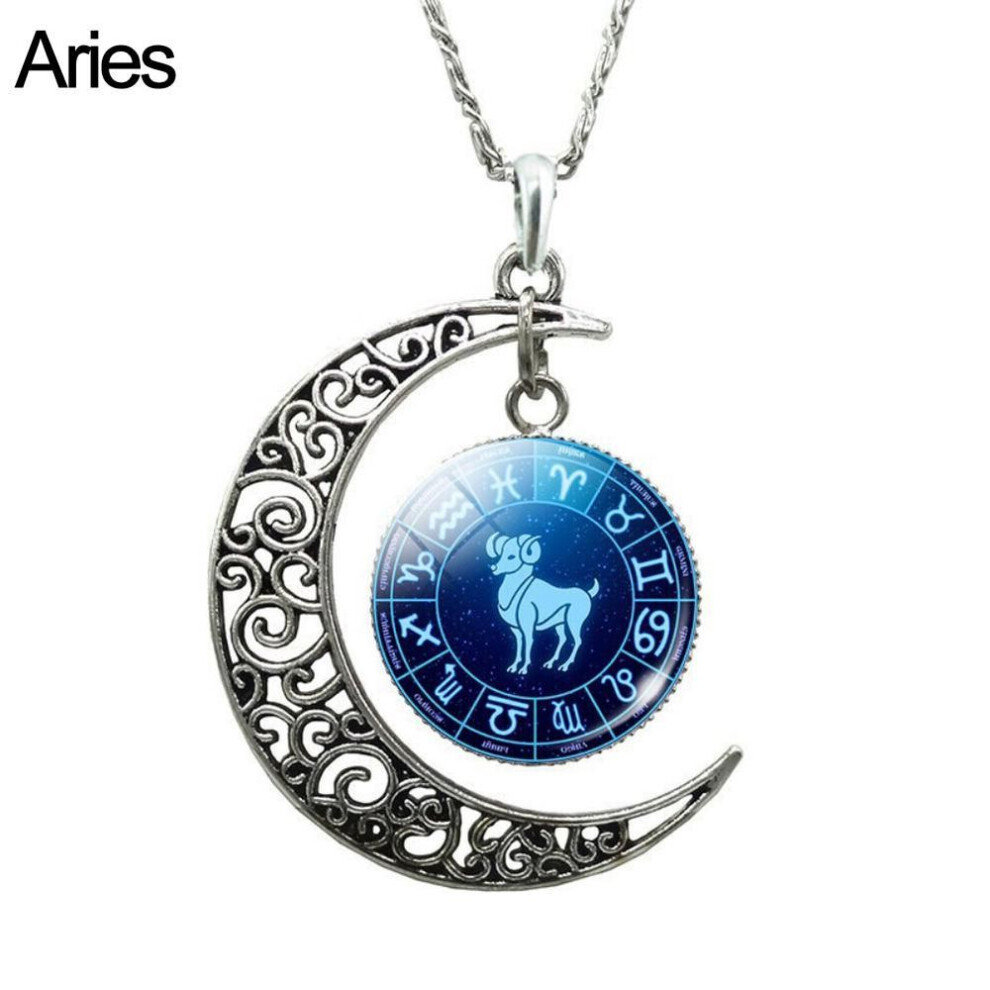Maxpower (Aries) Unisex Augury Jewelry 12 Constellations Hollow Crescent Moon Faux Gem Necklace Party Jewelry Gift