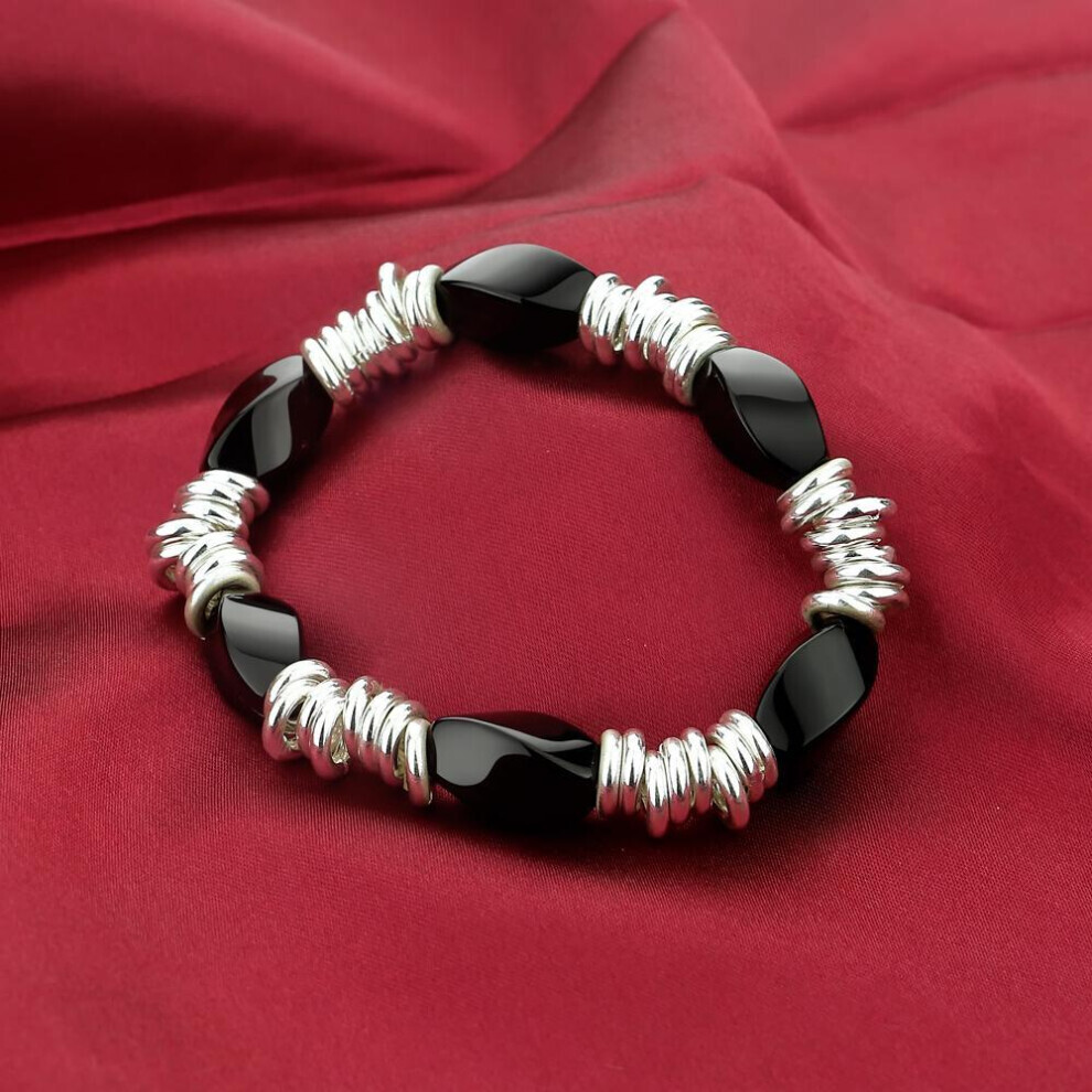 Maxpower (As The Picture) 925 Sterling Silver Elastic Bracelet Personality Women Black Agate Bracelet Fashion Fine Jewelry Black,Silver