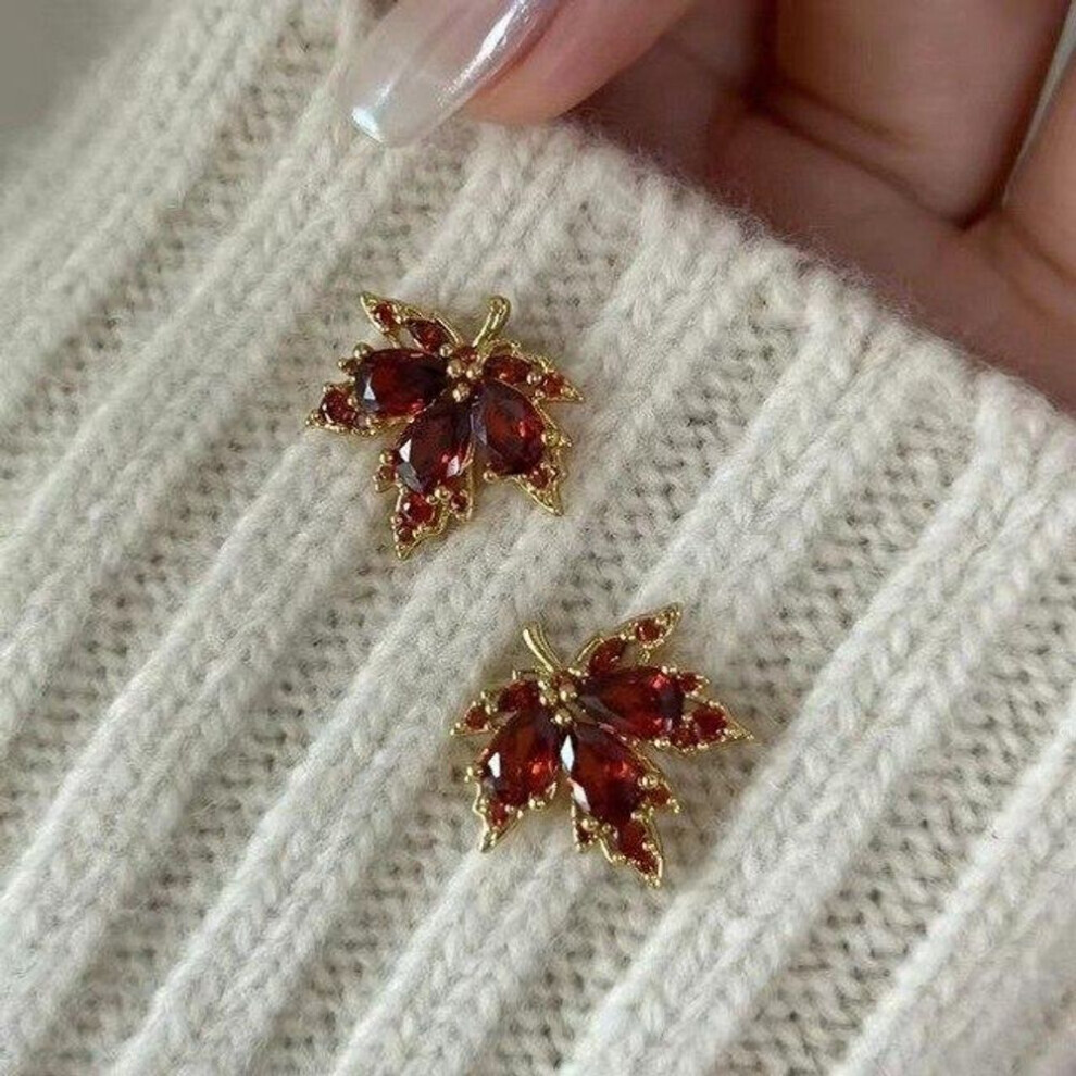 (as the picture) Anenjery Zircon Red Maple Leaf Earrings For Women Versatile Unique Party Jewelry Boucle D'oreille Femme