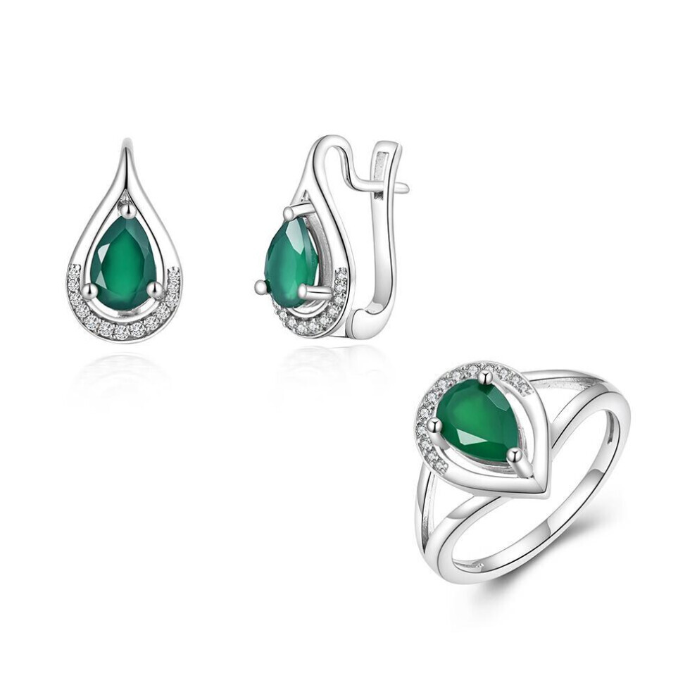 Maxpower (Green, Us Ring Size:9#) Light Luxury Ring & Earrings Set 925 Sterling Silver Natural Green Agate Gemstone Birthday Party Jewelry Gift Green,Silver