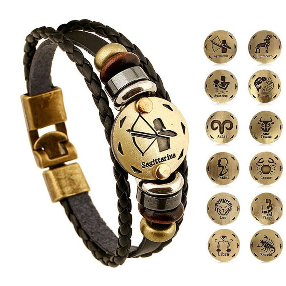 (1 Sagittarius) 12 Constellations Multi Layers Leather Cuff Chain Bracelet Jewelry For Women Men Birthday Valentines
