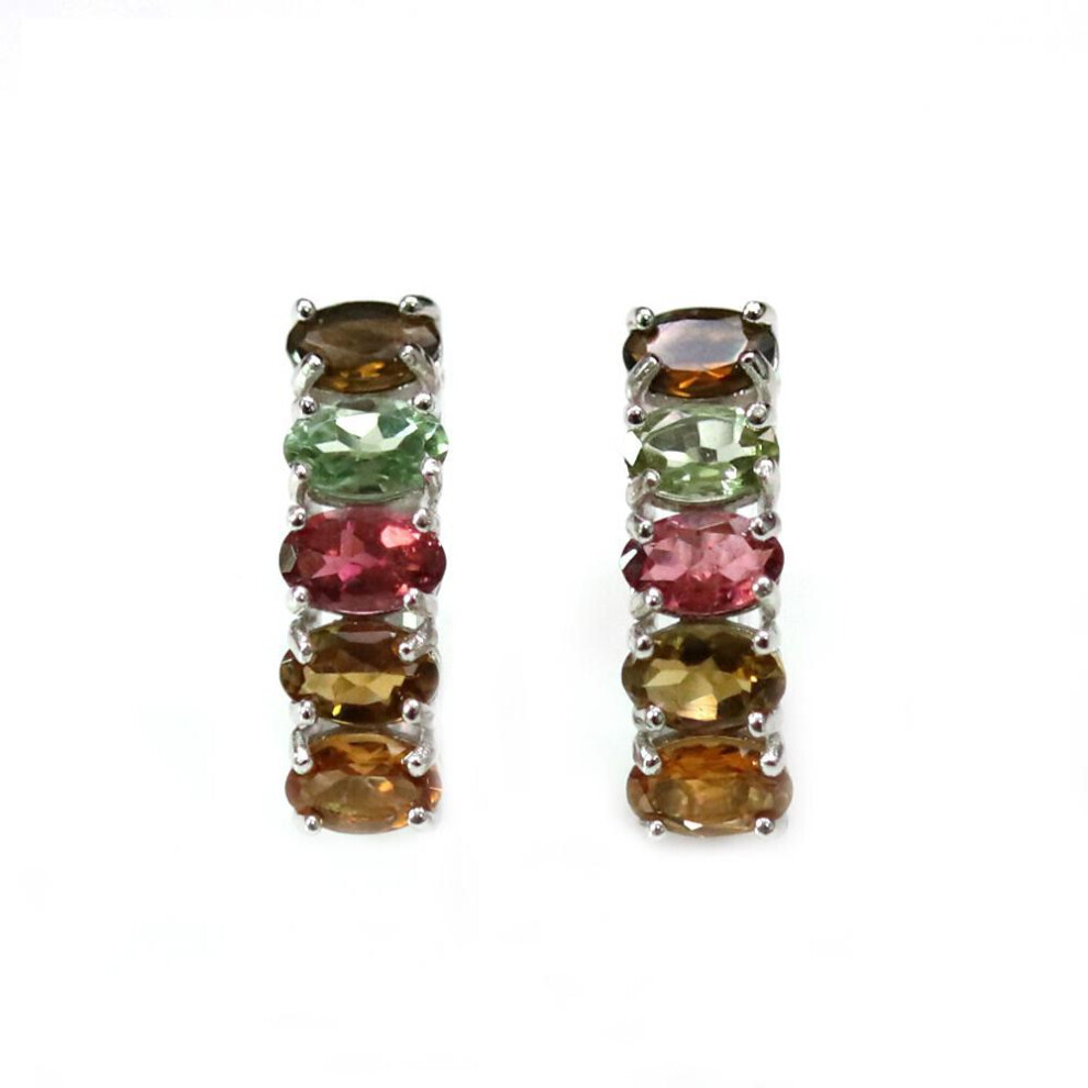 Maxpower (Multicolor) Bolaijewelry,925 Sterling Earring Natural Tourmaline Oval 3*5Mm Simple Designs Natural Colorful Gemstone Fine Jewelry For Girl Silver