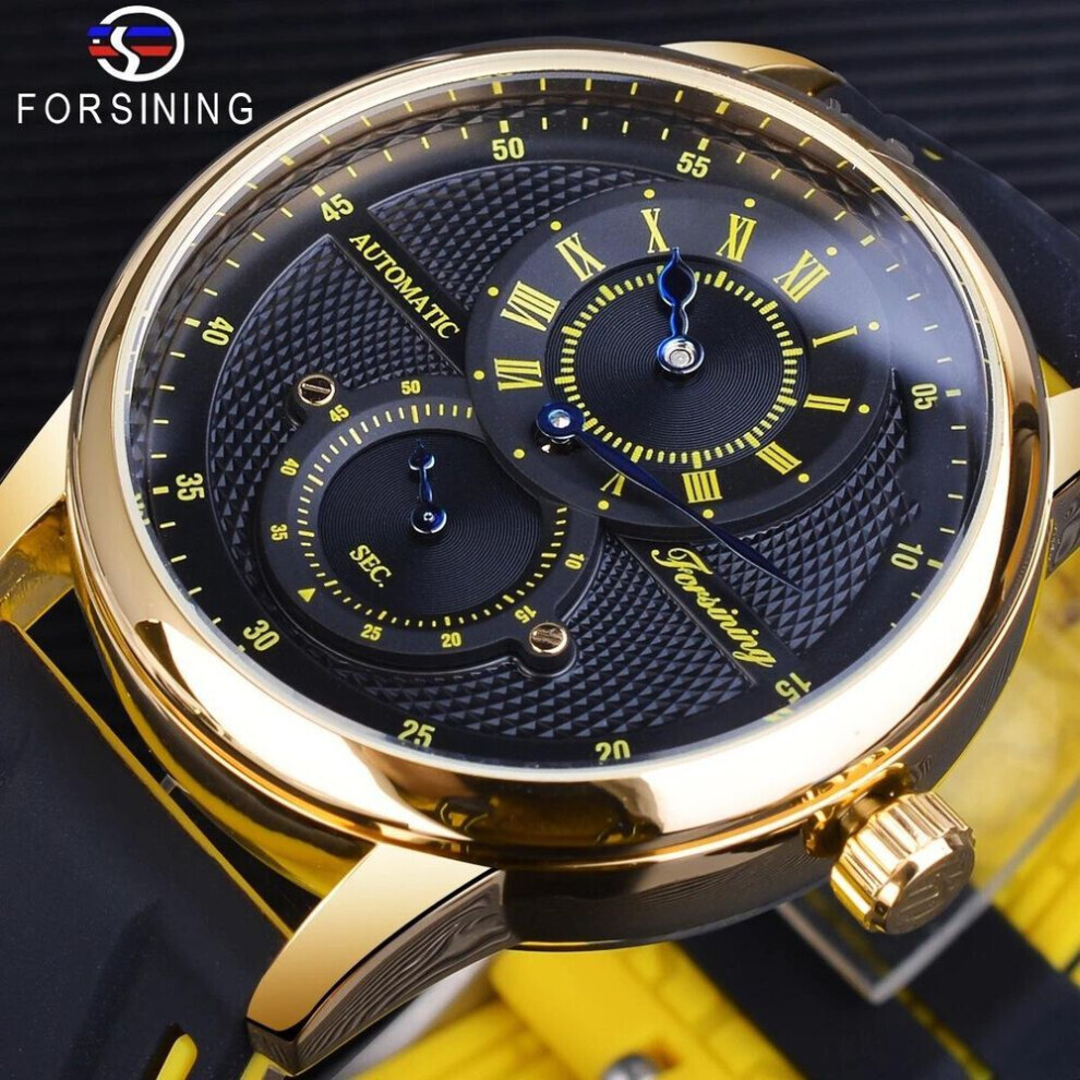 (gold) Forsining Fashion White Blue Automatic Wristwatch Transparent Waterproof Men Mechanical Watch Silicone Band Casual Sport Clock