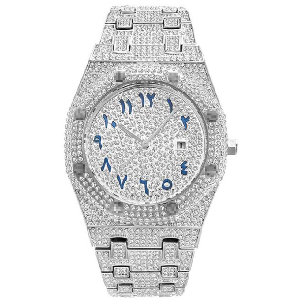 (silver) Hiphop Unique Arab Mens Watches Date Quartz Wristwatch Gold Silver Stainless Steel Luxury Diamond Watch For Men Jewelry