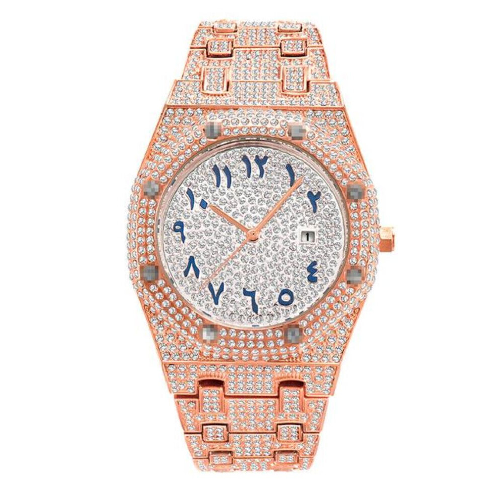 (rose) Hiphop Unique Arab Mens Watches Date Quartz Wristwatch Gold Silver Stainless Steel Luxury Diamond Watch For Men Jewelry