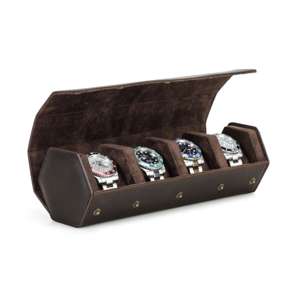 Maxpower (Coffee, 4 Slot) Genuine Leather Hexagon 1/2/3/4 Slots Watch Roll Case Men Watch Boxes Storage Organizer Box Women Watches Display Holders Brown,Not,Specified