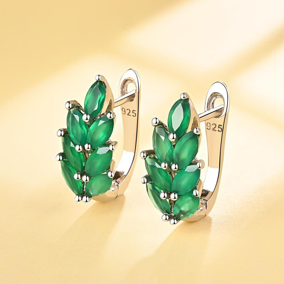 Maxpower (Green, M) Natural Green Agate Earrings Tree Leaves Design 925 Sterling Silver Fine Jewelry For Girls Nice Gift Green,Silver