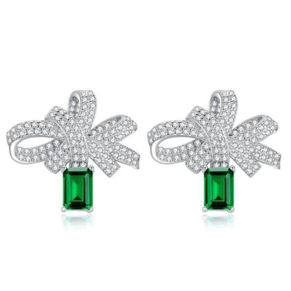 (as the picture) 925 Sterling Silver Bowknot 5 *7mm Emerald Synthetic Moissanite Gemstone Wedding Drop Earrings For Women Gift