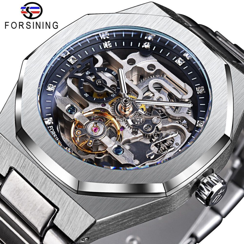 (black) Forsining Casual Automatic Watch 3D Diamond Skeleton Hollow Mens Wristwatches Luminous Military Watches Tourbillon Montre Homme