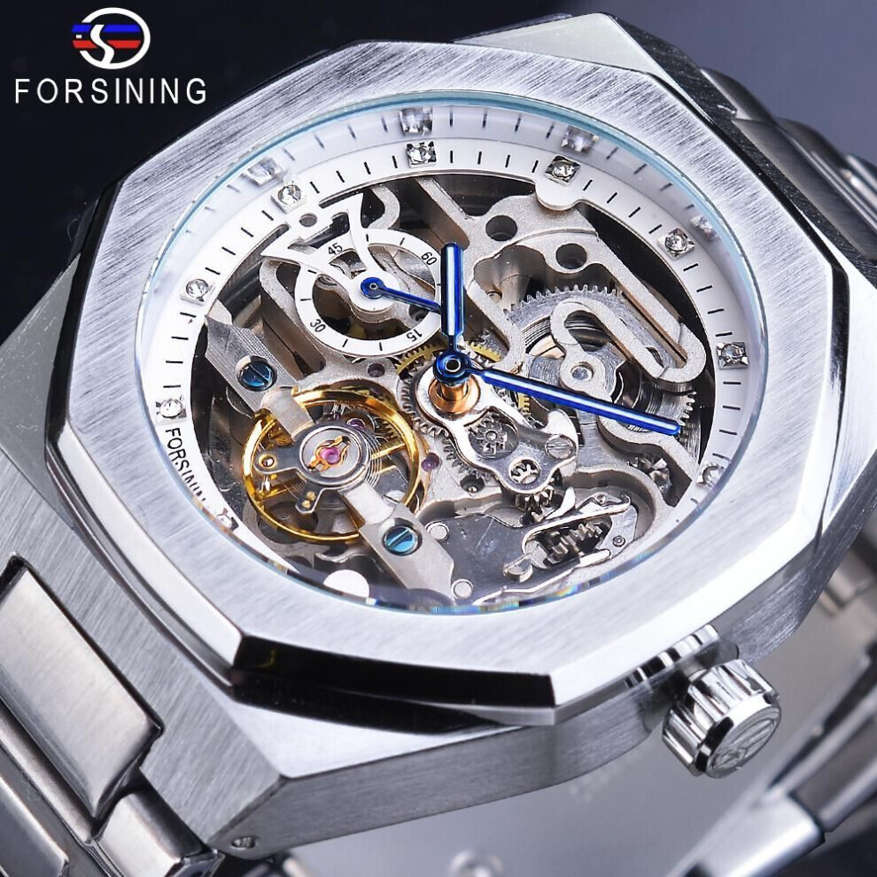 Maxpower (White) Forsining Casual Automatic Watch 3D Diamond Skeleton Hollow Mens Wristwatches Luminous Military Watches Tourbillon Montre Homme