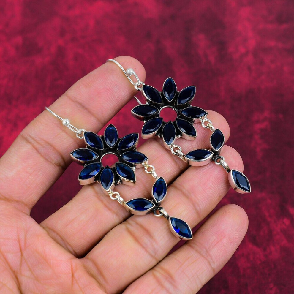 (black, 3.03 Inches) Blue Sapphire Earrings, Handmade Gemstone Earrings, 925 Solid Sterling Silver Earrings Antique Jewelry, For Engagement Gift-image-OPC-PG8K5QK-NEW