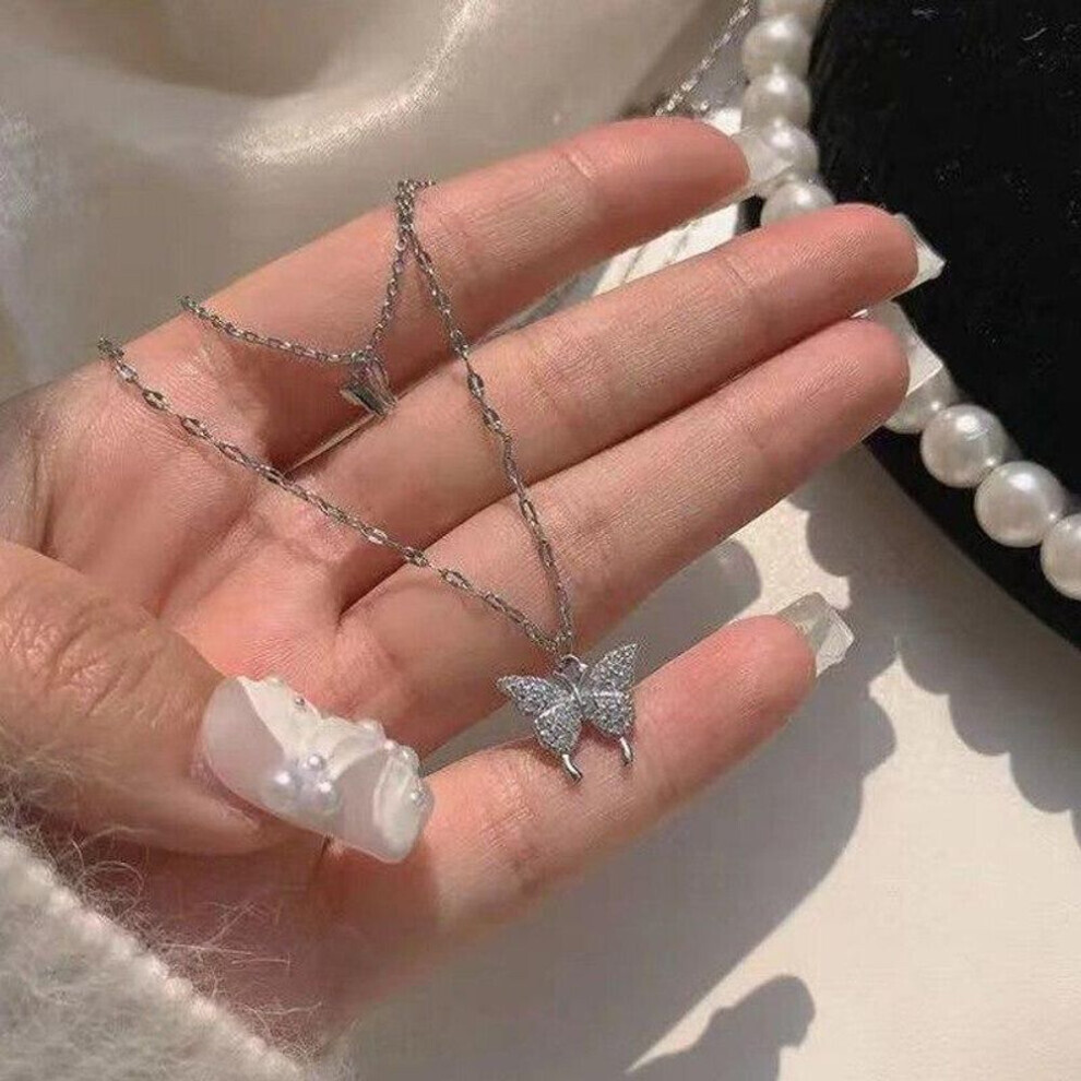Maxpower (Silver) New Shiny Butterfly Necklace For Woman Girls Ladies Exquisite Double Layer Clavicle Chain Necklace Fashion Jewelry Gift Silver