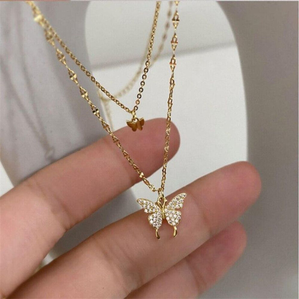 Maxpower (Gold) New Shiny Butterfly Necklace For Woman Girls Ladies Exquisite Double Layer Clavicle Chain Necklace Fashion Jewelry Gift Gold