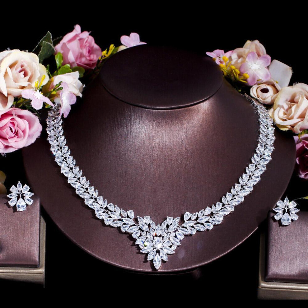 Maxpower (Silver) Cmm Sparkling Cubic Zirconia Big Wedding Necklace Earrings Set For Women Luxury Bridal Jewelry Accessories Silver