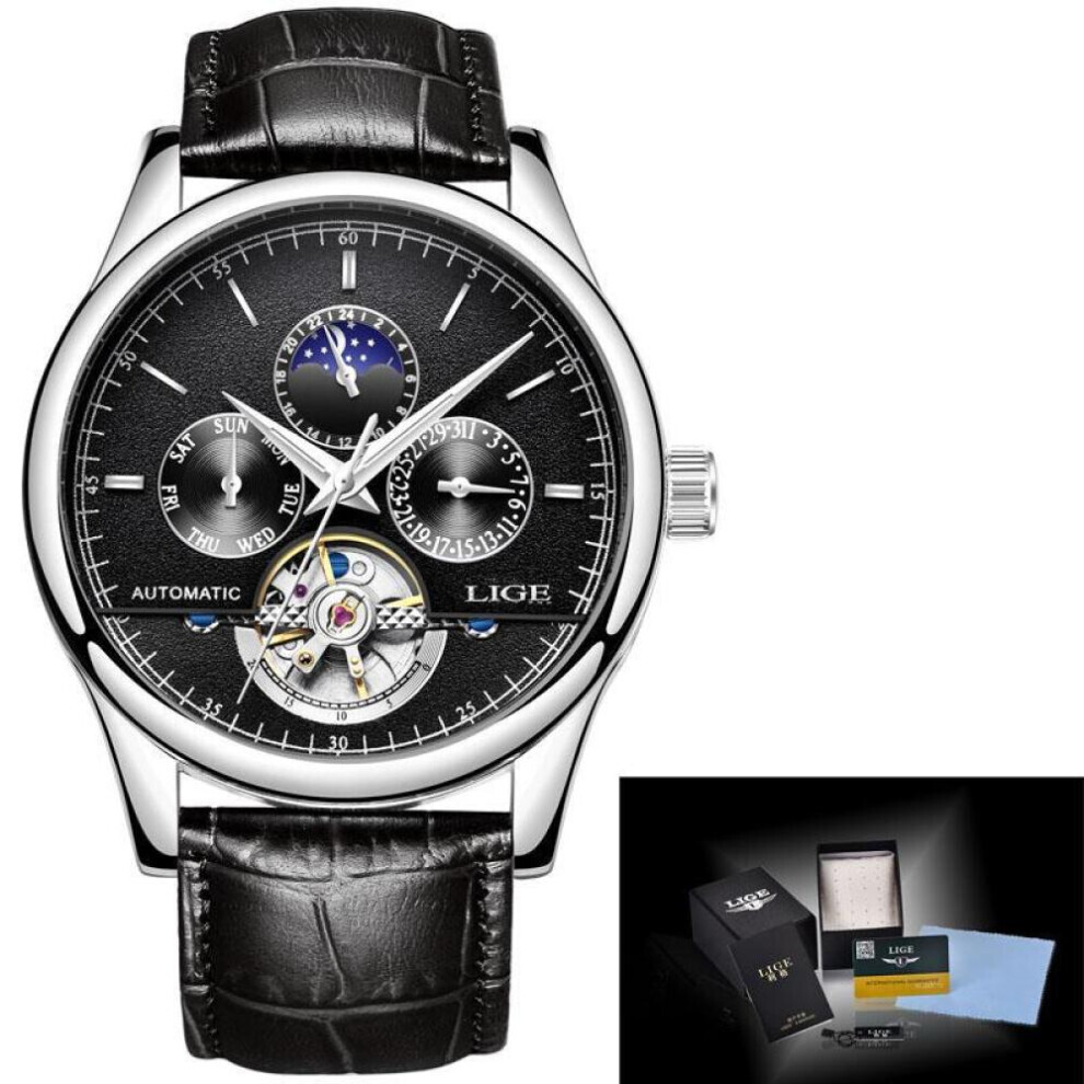 Maxpower (Silver Black) Lige Leather Strap Automatic Men Wrist Watch