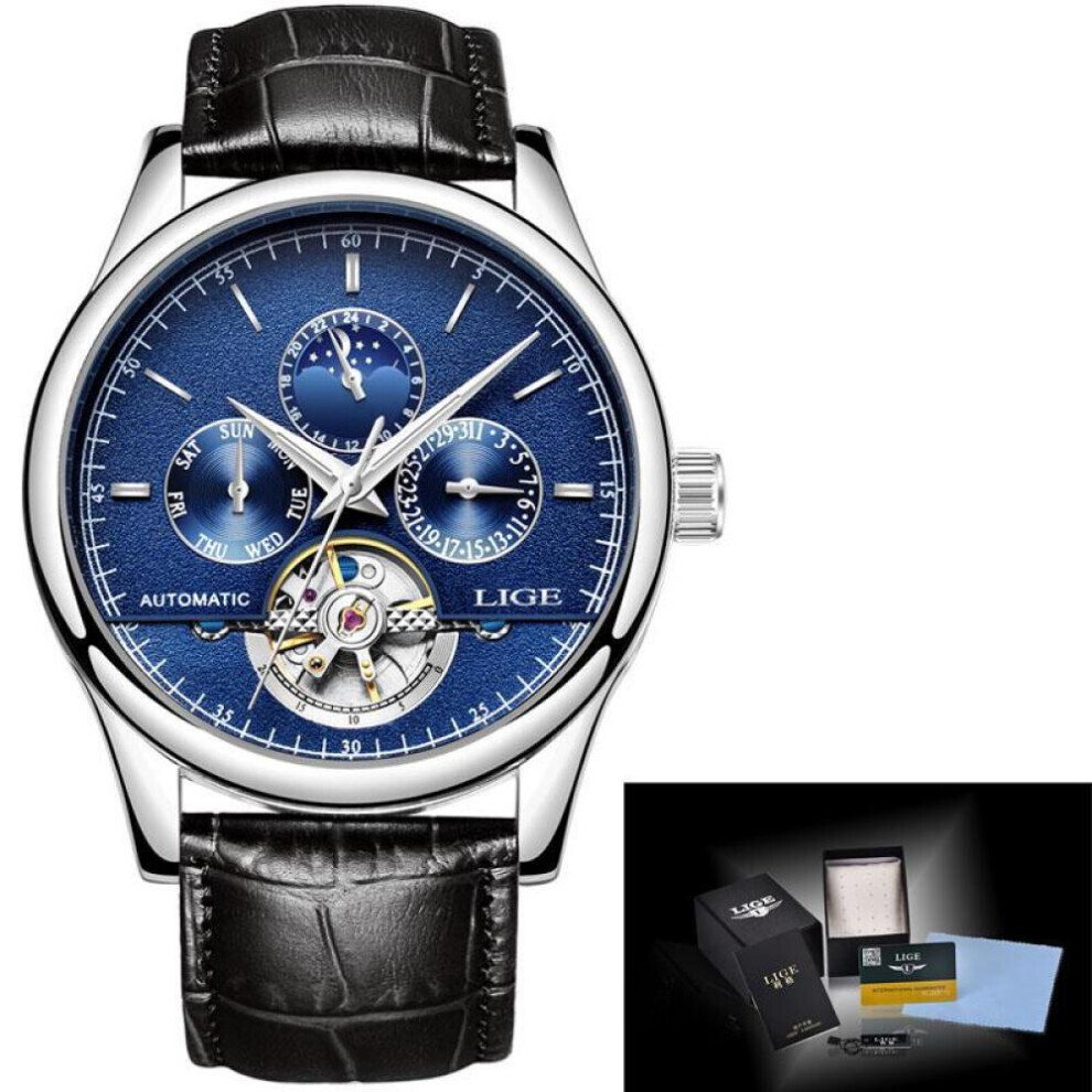 Maxpower (Silver Blue) Lige Leather Strap Automatic Men Wrist Watch