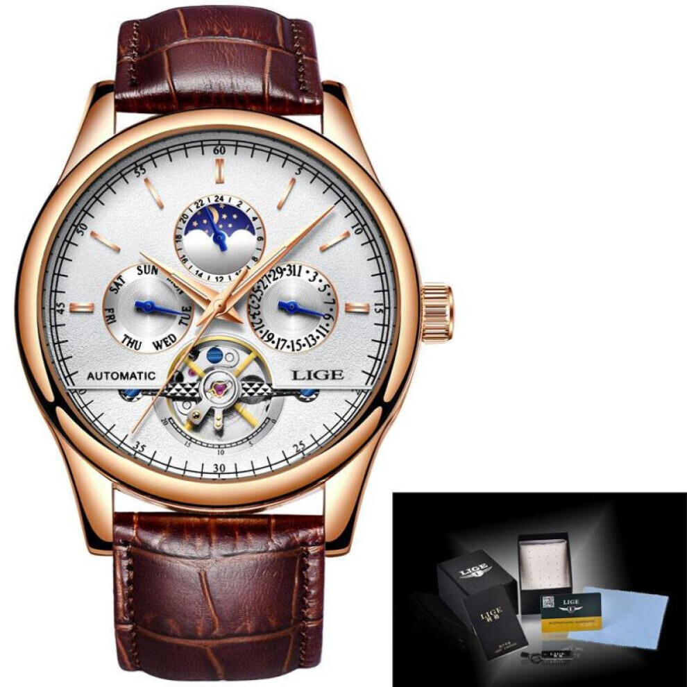 Maxpower (Gold White) Lige Leather Strap Automatic Men Wrist Watch