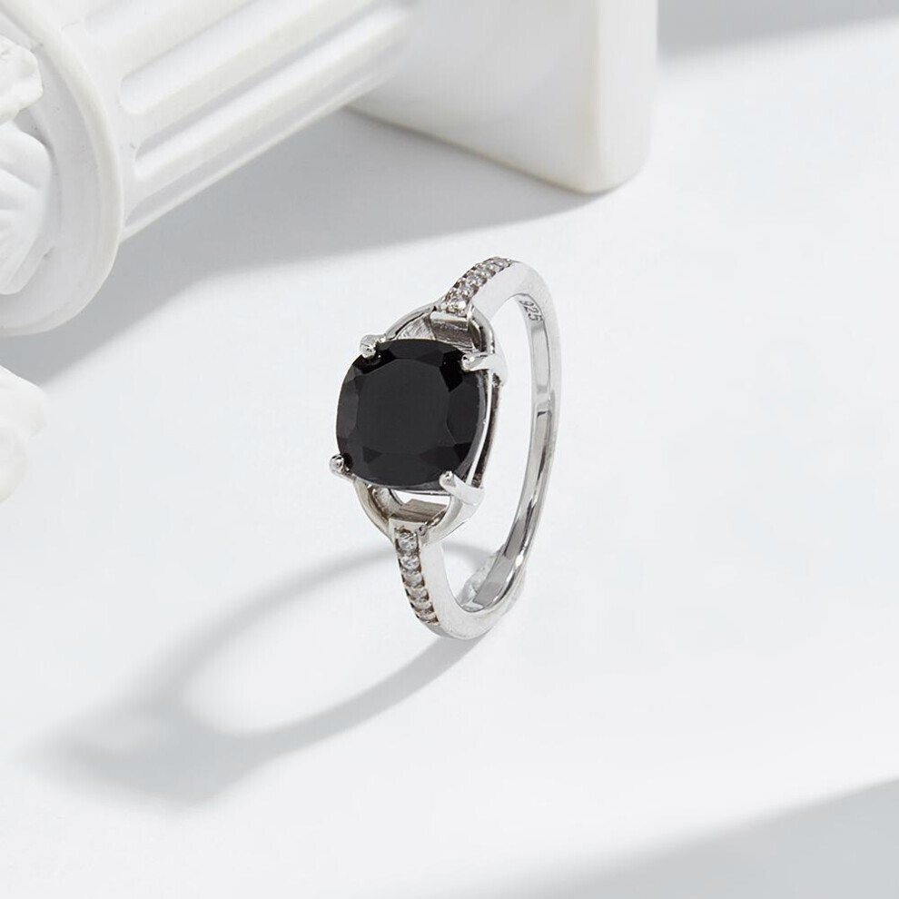 (black, US RING SIZE:7#) Stunning Silver Ring For Women Natural Big Black Spinel Cushion 8mm August Birthstone Classic Jewelry Wedding Dating Gift