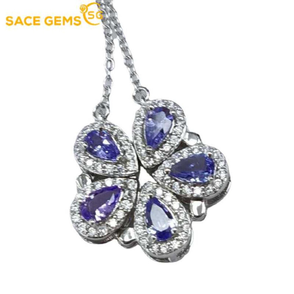 Maxpower (Blue) Sace Gems Pendant For Women 925 Sterling Silver 3*5Mm Tanzanite Pendant Necklace Wedding Party Fine Jewelry Gifts Blue,Silver