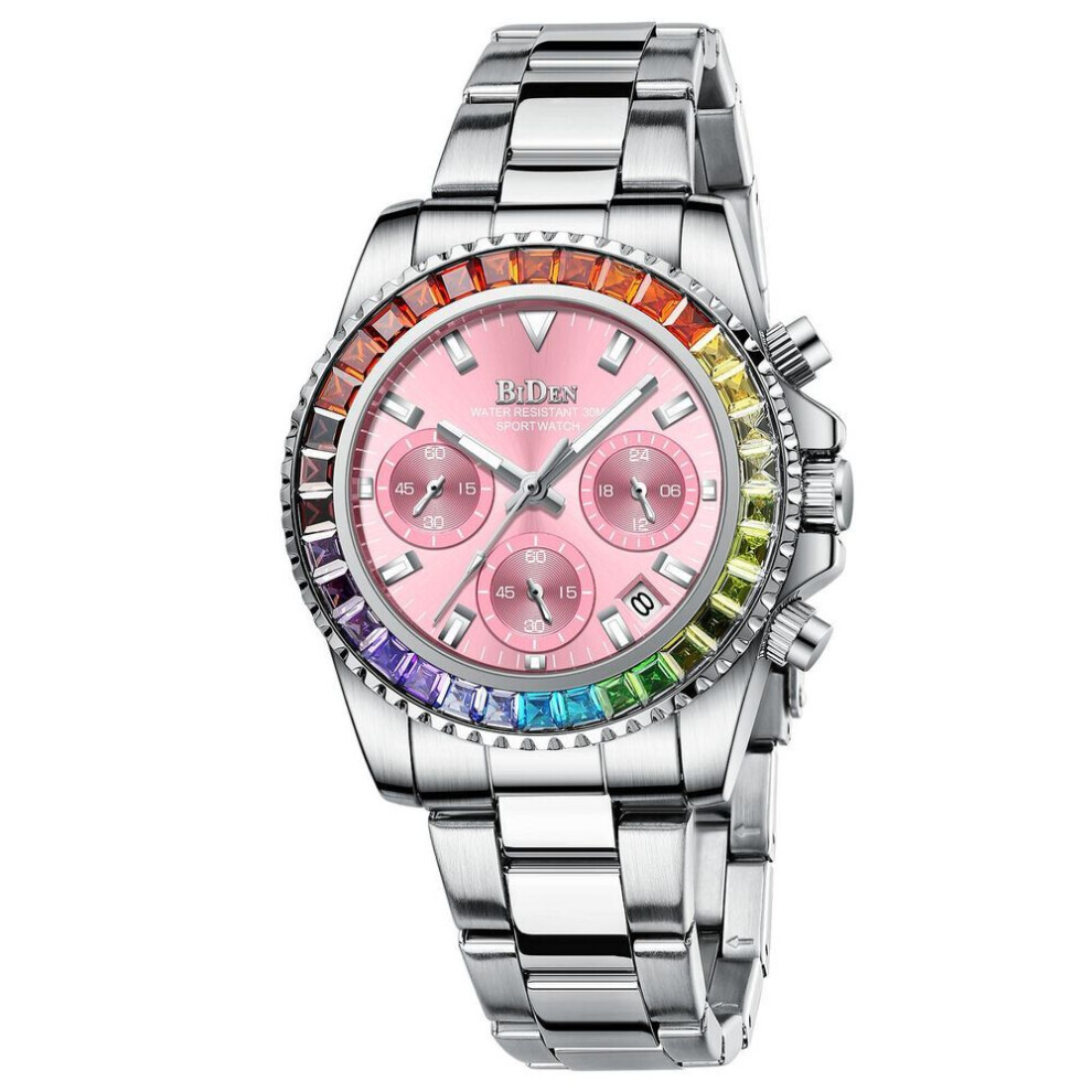 (pink) Biden Women&apos;s Fashionable Diamond Business Multifunctional Quartz Waterproof Watch