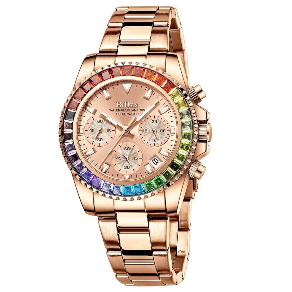 (rose) Biden Women&apos;s Fashionable Diamond Business Multifunctional Quartz Waterproof Watch