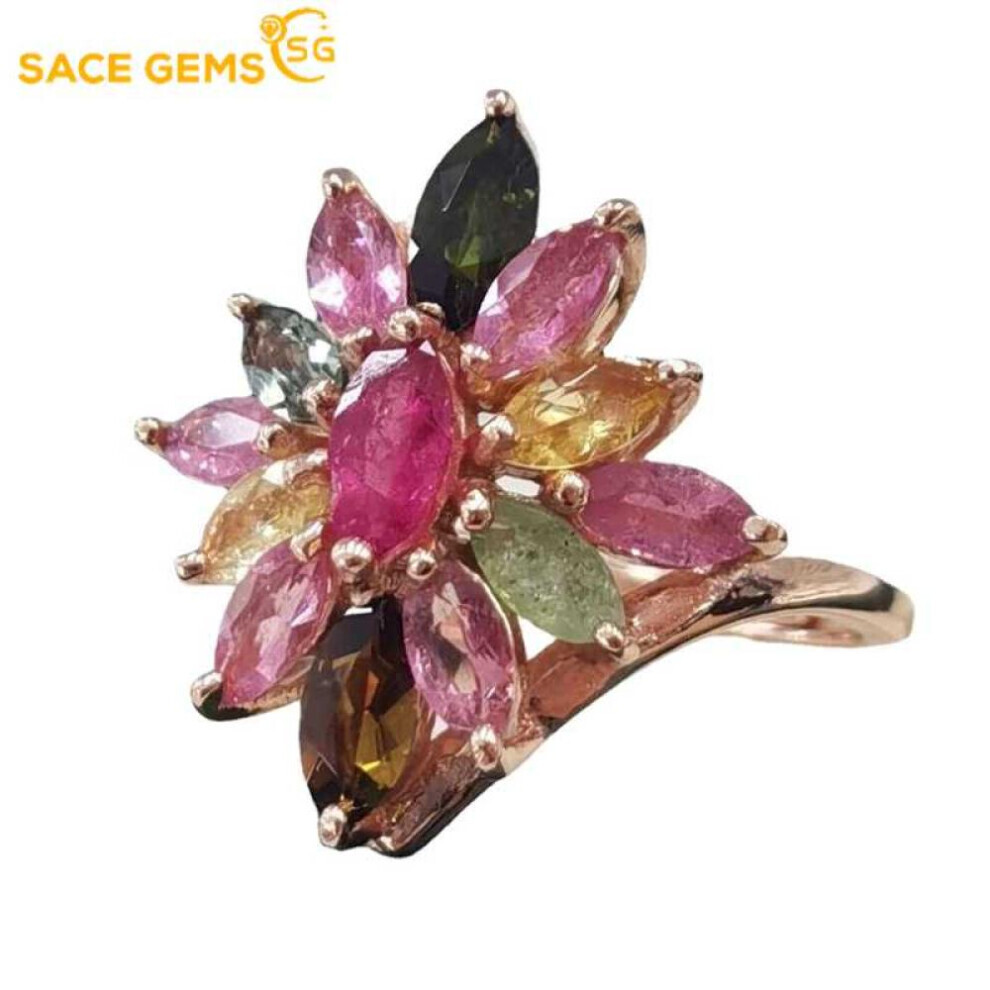 Maxpower (Multicolor) Sace Gems Resizable Polychrome Tourmaline Rings For Women 925Sterling Wedding Party Fine Jewelry Festival Gift Silver