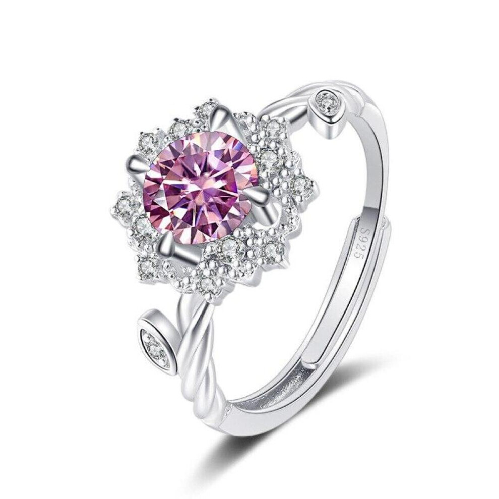 Maxpower (Pink, 1Ct Adjustable) Bague Ringen Round 8H8a Vvs D Color 1Ct Moissanite Ring S925 Sterling Silver Jewelry Accessories Flower Four Claw Rings For Wom
