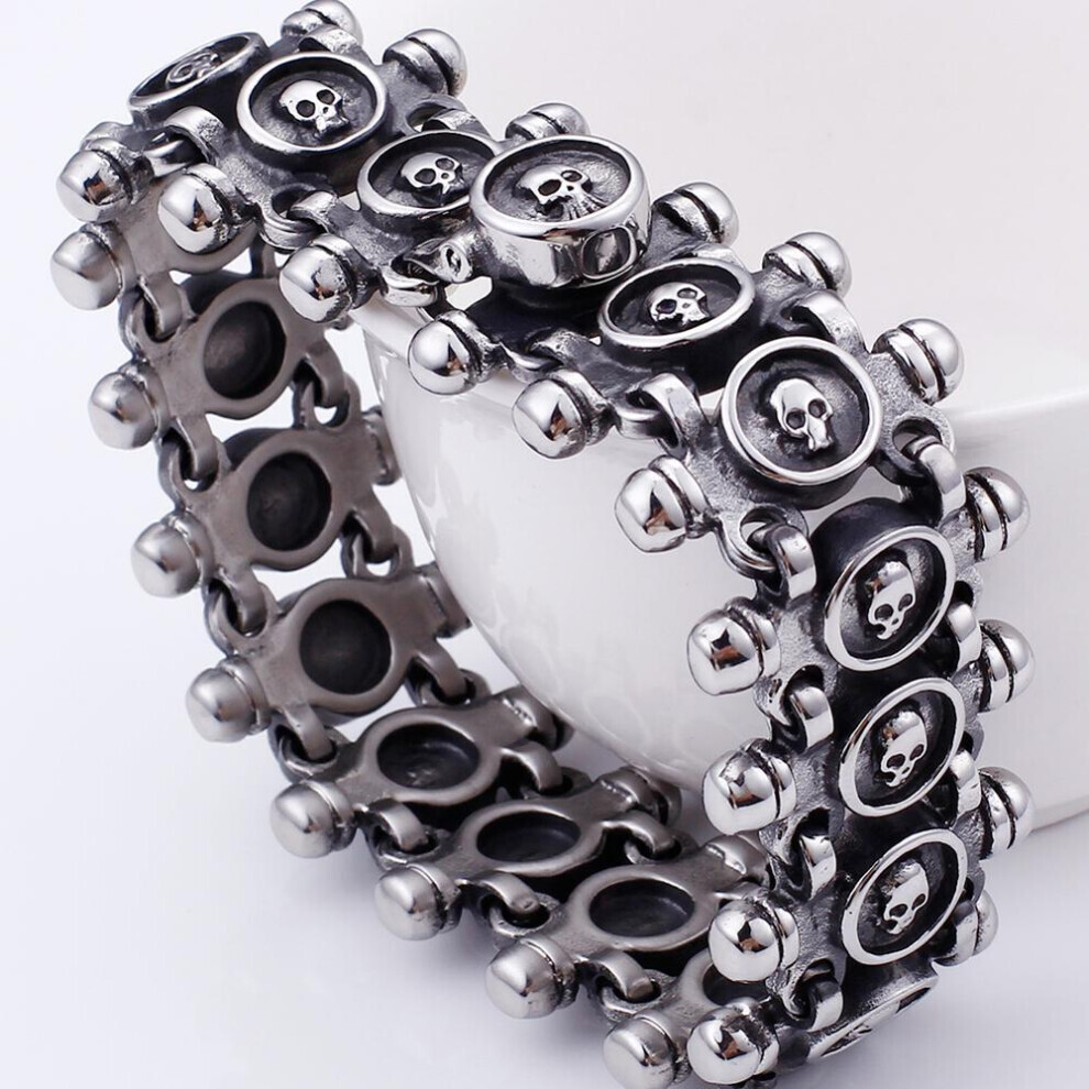 (as the picture, 21.5cm) Punk Rocker Skull Bracelet For Men Quality 316l Stainless Steel Massive Jewellery Gothic 26mm Wide Mens Skeleton Bracelets 2022