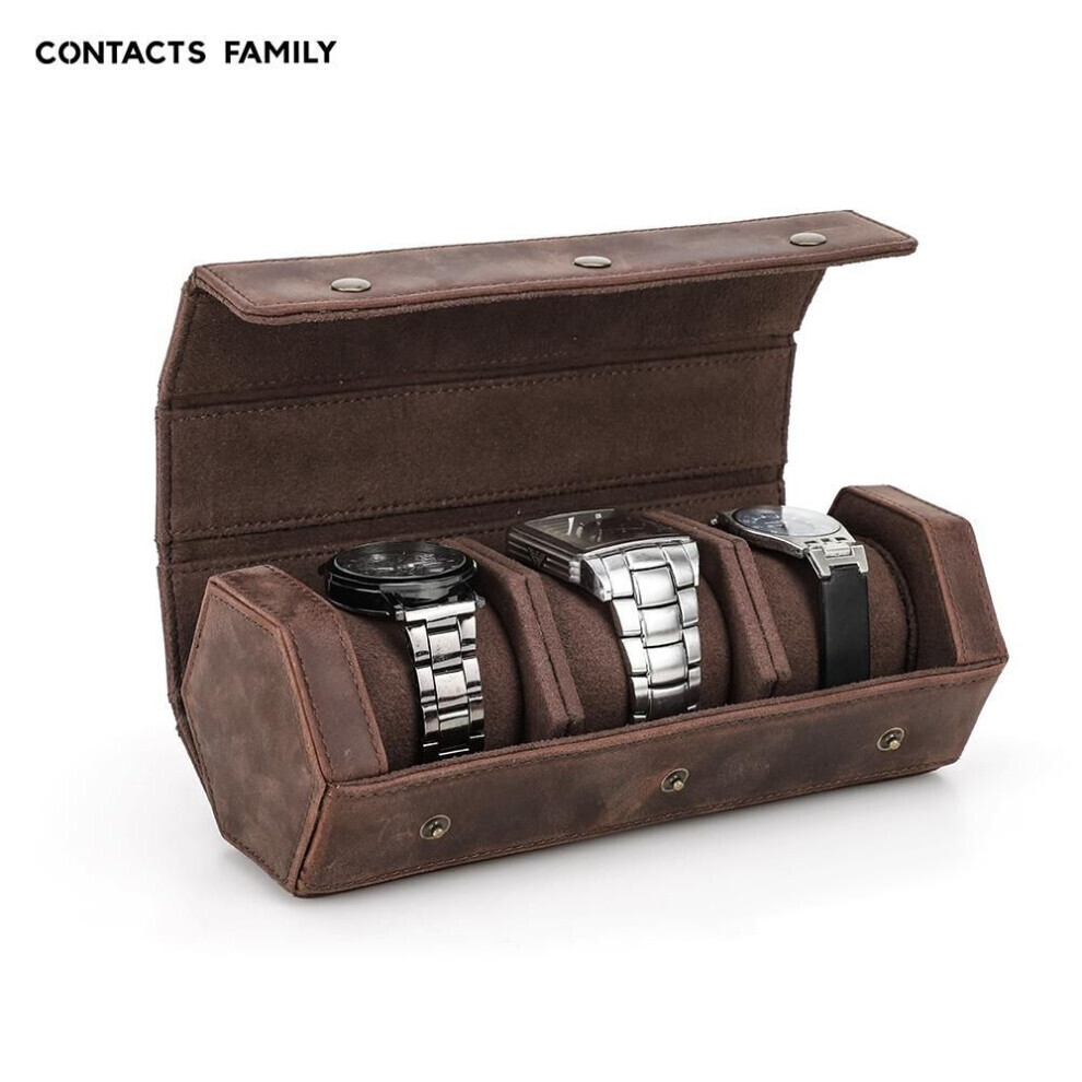 Maxpower (Coffee, 3 Slot) Genuine Leather Hexagon 1/2/3/4 Slots Watch Roll Case Men Watch Boxes Storage Organizer Box Women Watches Display Holders Brown