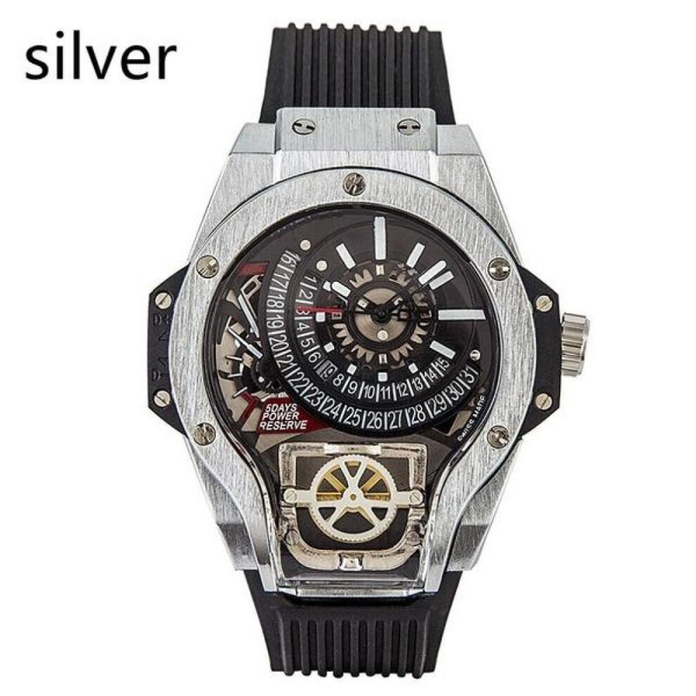 Maxpower (Silver) Cool Large Dial Quartz Watch Luxury Waterproof Watch With Rubber Strap Geometric Shape Business Watch