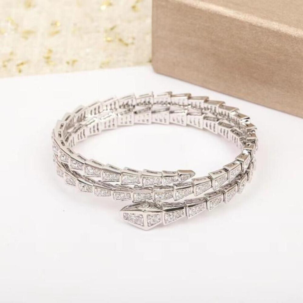 Maxpower (White) Luxury European And American Two Rings Full Diamond Snake Bracelet For Women 925 Silver Plated Fashion Brand Jewelry Gift