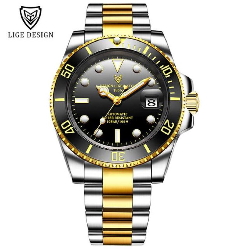 (gold,black) 2021 Lige New Watch Men Automatic Mechanical Tourbillon Clock Fashion Sport Diving Watch 100atm Waterproof Luminous Watches Mens