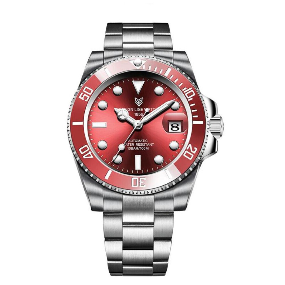 Maxpower (Silver,Red) 2021 Lige New Watch Men Automatic Mechanical Tourbillon Clock Fashion Sport Diving Watch 100Atm Waterproof Luminous Watches Mens